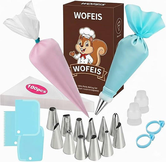 Piping Bags and Tips Set, 120 Pcs Cake Decorating Kit with 100 Disposable Piping Bags, Reusable Icing Bag, Frosting Tips, Couplers, Cake Scrapers, Cupcake Decorating Supplies