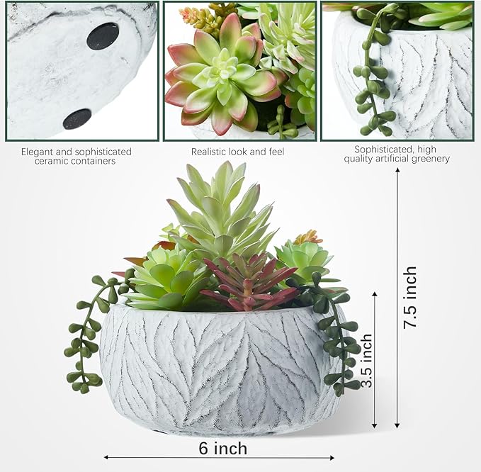 6 Inch Artificial Succulent Plant in White Ceramic Pot - Realistic Fake Succulent for Home Office Desk Bathroom Decor Coffee Table Decor
