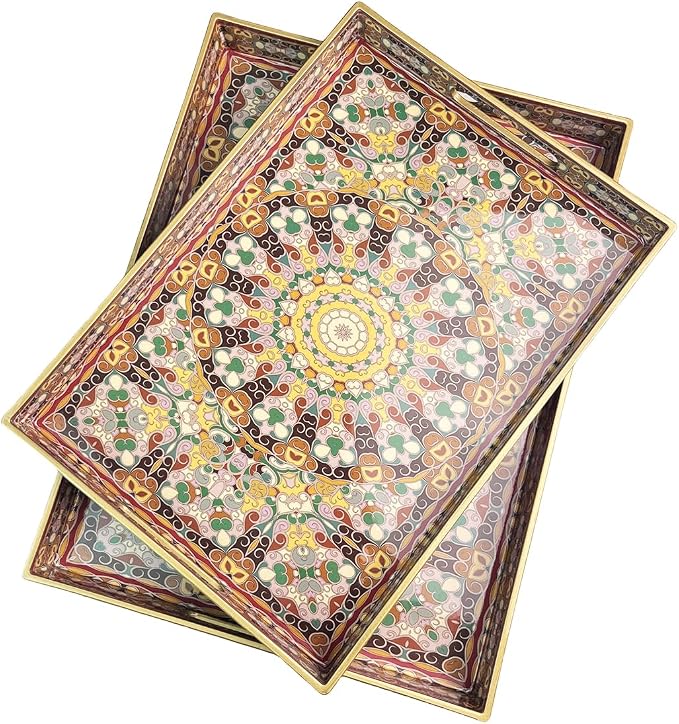 2pcs Boho Red Decorative Serving Tray, Modern Plastic Tray with Handles for Coffee Table, Living Room, Ottoman, Home Decor, Large, 15.7"*11.8"*1.6", Small 13.7"*9.8",