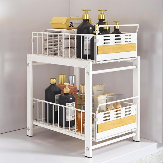 Under Sink Organizer, 2-Tier Pull Out Cabinet Organizer with Heavy-Duty Carbon Steel Slide-Out Basket Drawers, Stackable Multi-Purpose Storage Rack for Kitchen Pantry, Bathroom Vitamin Storage, White