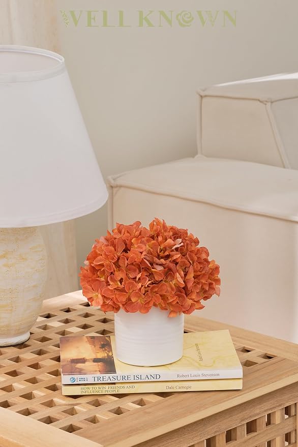 Artificial Hydrangea Flowers in Vase, Fake Flowers with White Ceramic Vase Small Faux Pot Floral Arrangement for Home Desktop plant Kitchen Bathroom Coffee Table Centerpiece Decor (Burnt Orange)