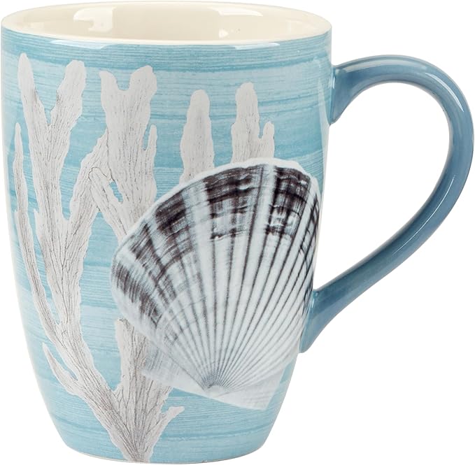Beyond the Shore 20 oz Ceramic Mugs – Set of 4 with Coastal Shell and Starfish Artwork – Large Coffee or Tea Cups for Ocean Lovers – Dishwasher & Microwave Safe