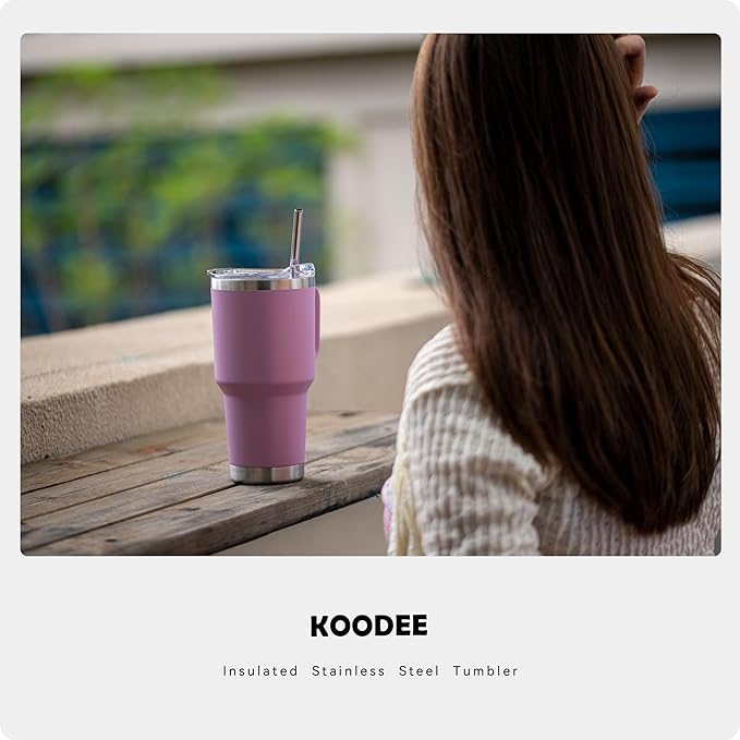 koodee Tumbler with Handle, 30 oz Stainless Steel Double Wall Insulated Tumblers with Lid and Straw Coffee Tumbler for Men and Women (Baby Pink)