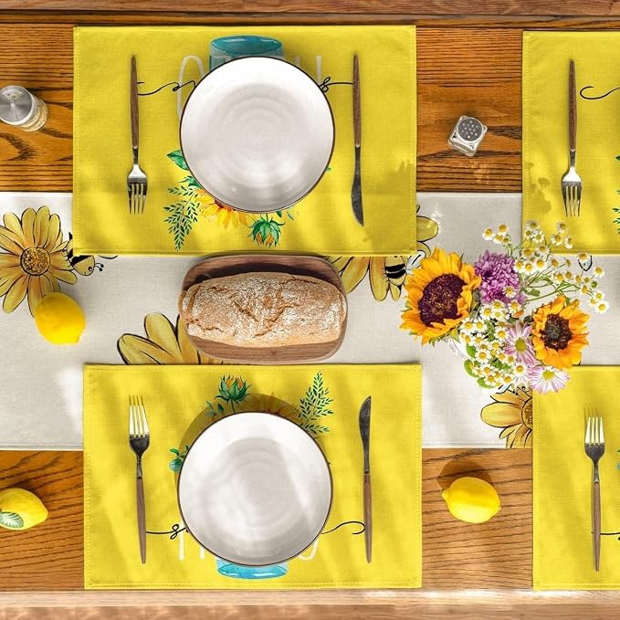 Bloss Yellow Hello Sunshine Sunflower Summer Placemats Set of 4, 12 x 18 Inch Spring Seasonal Holiday Decoration Rustic Vintage Washable Table Mats, Placemats for Dining Table