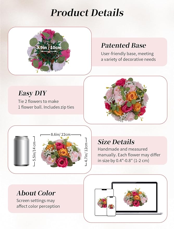 BLOSMON Fake Flower Centerpieces for Tables: 2 Pcs Pink and Orange Artificial Rose Babys Breath Flower Balls Wedding Party Decorations - Faux Silk Floral Arrangement Home Decor