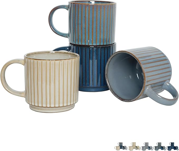 Bosmarlin Stackable Ceramic Coffee Mug Set of 4, 16 Oz, Coffee Cups, Microwave Safe, Unique Reactive Glaze (Multicolor, 16 Oz)