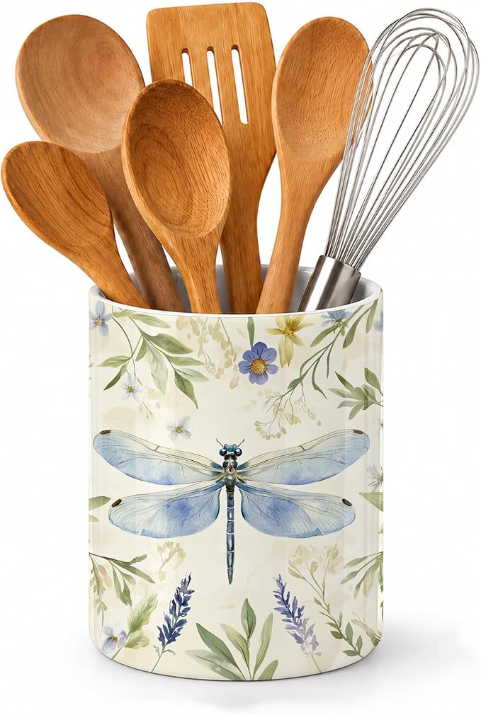 Dragonfly Utensil Holder for Countertop,Flower Plant Retro Ceramic Utensil Crock Organizer for Home Kitchen Spoons,Spatulas and Cooking Tools