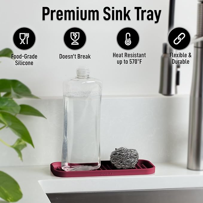 Zulay Kitchen (9x3.5) Silicone Sponge Holder for Kitchen Sink - Flexible Multipurpose Soap Tray - Sink Organizer for Kitchen, Bathroom, Makeup, Trinkets & More (Wine Red)