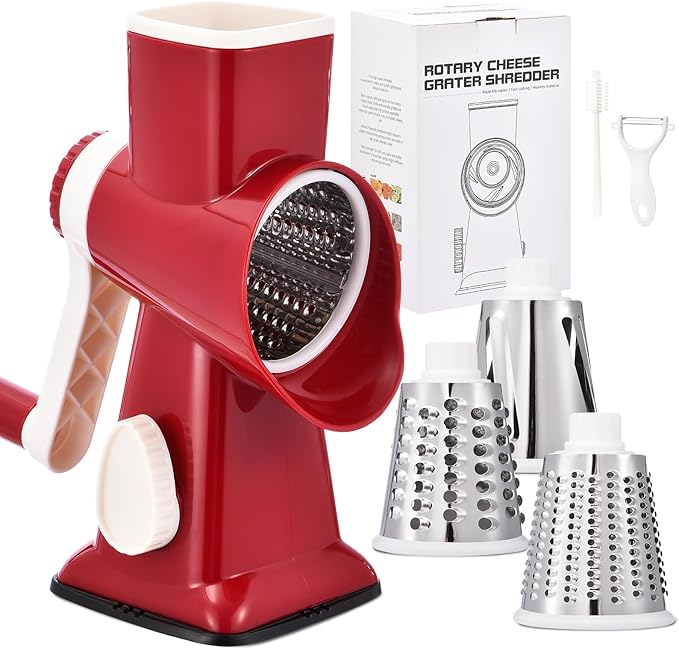 Rotary Cheese Grater with Handle Kitchen Shredder Slicer Grater Slicer Ice Shaver Cheese Vegetable Nuts Potato Zucchini Chocolate 3 Interchangeable Blades (RedWhite)