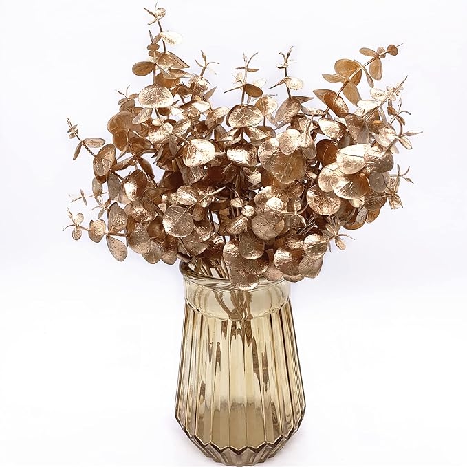 Artificial Gold Plants Decorations, Fake Plastic Golden Eucalyptus Shrubs Faux Simulation Foliage for Christmas Wedding Party Indoor Hotel Hall Home Table Centerpieces DIY Decor Planting Filler 2 Pack