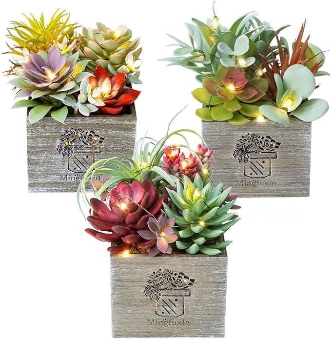 Succulents Plants Artificial with Light, Small Fake Plants in Pots for Home Decor, Potted Decorative Succulents Plants for Table Desk Bathroom Office Room Decor