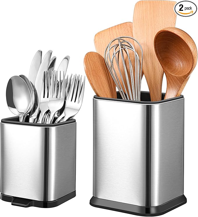 MorningRo 2 Pcs Kitchen Utensil Holder for Countertop Stainless Steel Utensil Caddy, Spoon Spatula Organizers with Drainage Holes Small Flatware Utensil Crock for Kitchen Counter, Silver(Square)