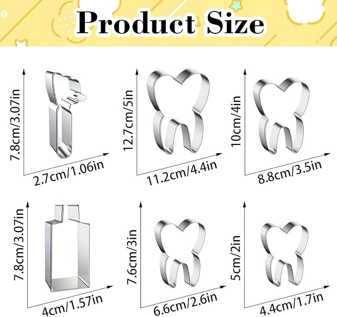 6 Pieces Tooth Cookie Cutters Set, Stainless Steel Dental-Themed Biscuit Molds Includes Teeth, Toothpaste, Toothbrush for Baking, Dental Party, Kids Birthday, Dentist Appreciation, Halloween Treats