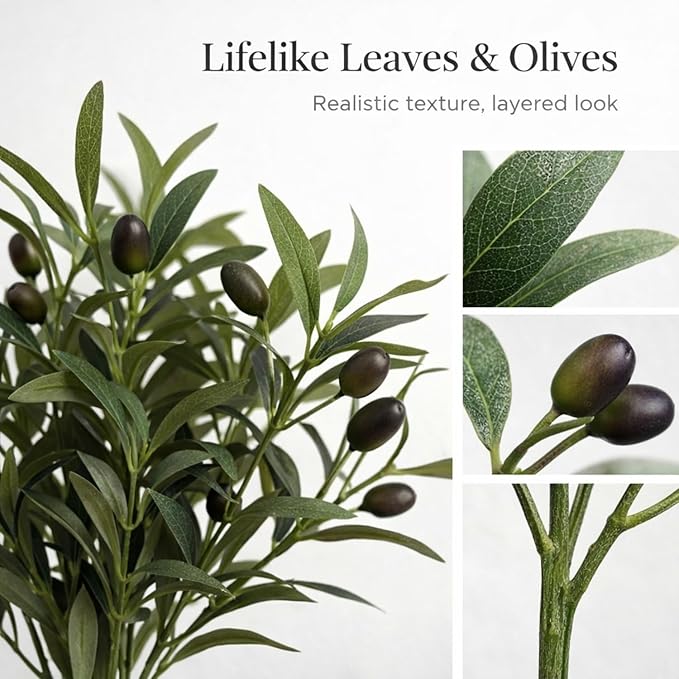 Artificial Olive Branches in Vase, 4 Pcs Faux Olive Stems with Olives 16", Matte White Ceramic Vase 5.7", Farmhouse Dining Table Centerpiece, Kitchen Table Decor