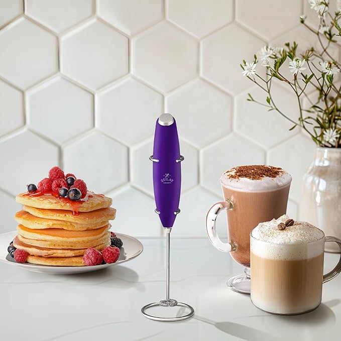 Zulay Kitchen Powerful Milk Frother Wand With Duracell Batteries - Ultra Fast Handheld Drink Mixer - Electric Whisk Foam Maker for Coffee, Lattes, Cappuccino & Matcha - Z1 Motor - Grape