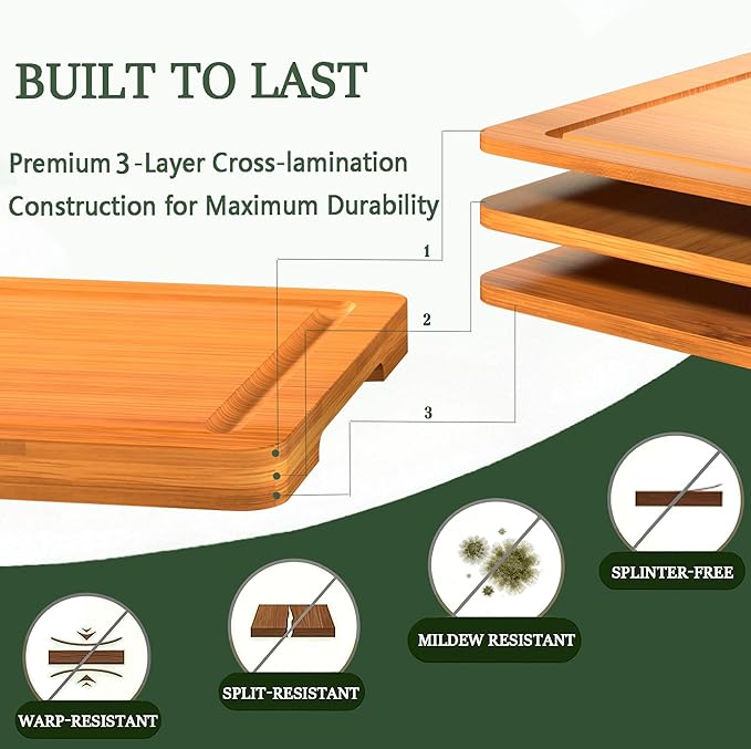 Cutting Boards for Kitchen, Bamboo Cutting Board Set of 3 with Storage Stand, Carbonized Chopping Boards with Deep Juice Grooves and Handles for Meat, Bread, Dough Kneading and Food Prep