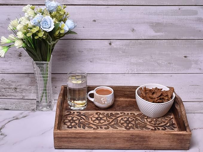 STORE INDYA Rustic Large Wooden Serving Tray Platter for Tea Snack Dessert with Handle Hand Carved Floral Design. Kitchen Dining Serve-Ware Accessories 14 x 10 Inches