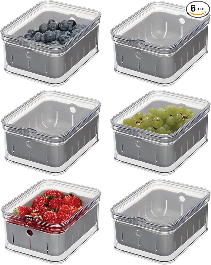 iDesign Small Fridge Berry Bin with Removable Colander Basket and Lid - Set of 6 - Clear/Gray