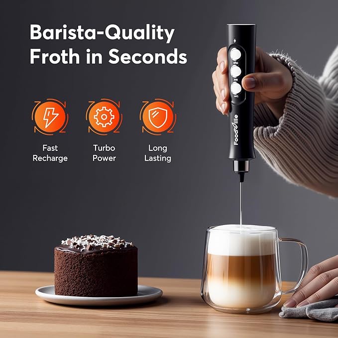 FoodVille MF02 Rechargeable Milk Frother Handheld Foam Maker with Stainless Whisk for Cappuccino, Latte, Bulletproof Coffee, Keto Diet, Protein Powder, Matcha (Dark Black)