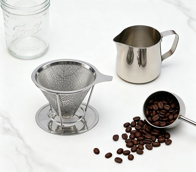 Mason Jar Pour Over Coffee Dripper, Stainless Steel Reusable Filter | Easy to Clean Paperless Coffee Maker, Cone Dripper with Removable Cup, Dishwasher Safe, Rustproof