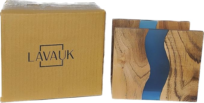 Acacia wood & Transparent Epoxy resin Napkin holder for table, Rustic farmhouse napkin organisation for kitchen, dining, counter tops, restaurant or outdoors | 6x5x2.5 inches| Blue
