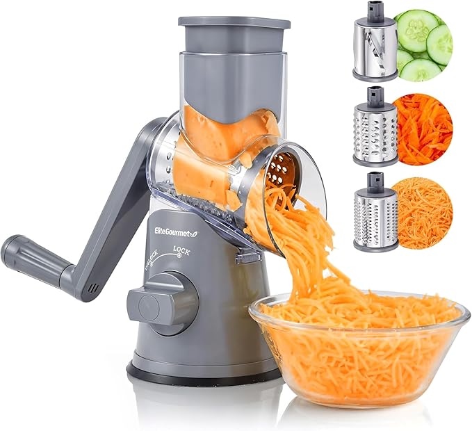 Elite Gourmet EFP593 Rotary Cheese Grater with 3 Stainless-Steel Blades for Slicing, Shredding & Fine Shredding, Strong Suction Base, Dishwasher-Safe, Grey