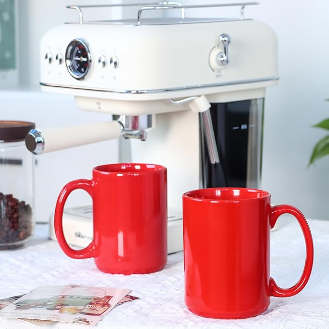 16 OZ Porcelain Coffee Mugs, Classic Blank Ceramic Cup with Large Handle for Tea Latte Cappuccino, Set of 4, Red