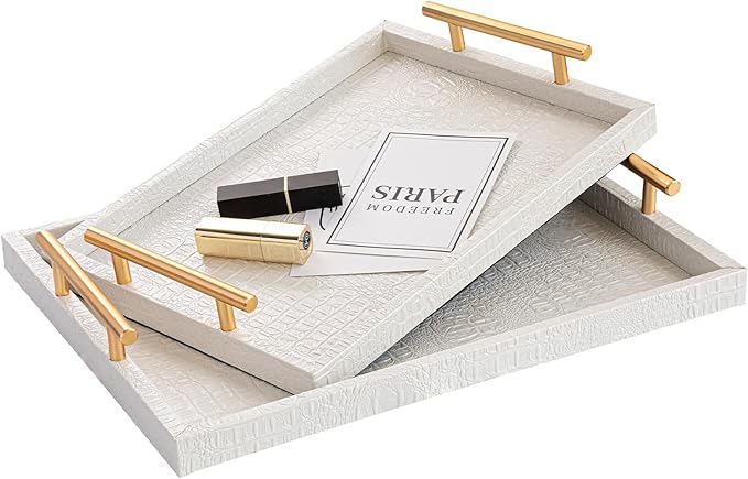 Modern Elegant Large Wood Serving Tray, Set of 2 Pearl White Crocodile Leather with Gold Polished Metal Handles, Home Decorative Rectangle Ottoman Platter Living Room Bathroom Vanity Tray