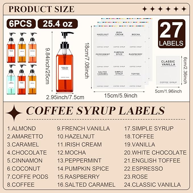 Nuogo 6 Pcs Coffee Syrup Dispenser Bottles Set 750ml, 500ml, 300ml, 150ml PET Black Syrup Bottles with Pump Dispenser 27 Labels for Coffee Bar Kitchen Accessories Portable Travel(25.4 oz,Prismatic)