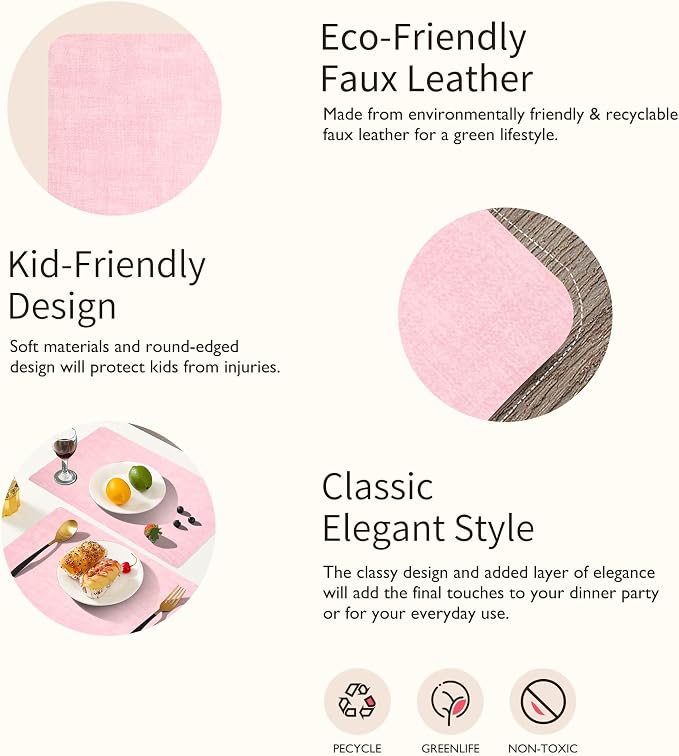 Maxpearl Faux Leather Placemats Set of 6 - Waterproof - Wipe Clean - Heat Resistant - Anti Slip Dining Table Place Mats, Suitable for Indoor & Outdoor Use, 17’’×12’’, Pink