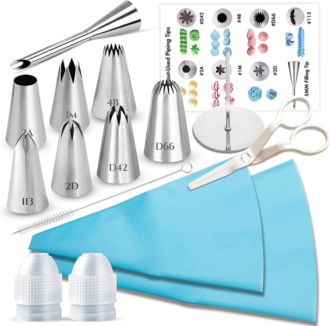 15PCS Reusable Piping Bags and Tips Set - Cake Decorating Kit with 8 Stainless Steel Nozzles, 2 Silicone Pastry Bags, 2 Couplers, Flower Nail, Lifter, Guide & Brush