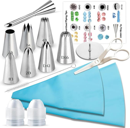 15PCS Reusable Piping Bags and Tips Set - Cake Decorating Kit with 8 Stainless Steel Nozzles, 2 Silicone Pastry Bags, 2 Couplers, Flower Nail, Lifter, Guide & Brush