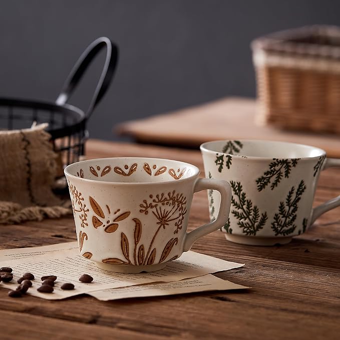 12oz Vintage Ceramic Coffee Mug Set of 2 - Handmade Stoneware Pottery Countryside Farmhouse Fall Autumn Tea Mugs with Big Handle for Latte,Cocoa,Dishwasher & Microwave Safe Cups (Plants)