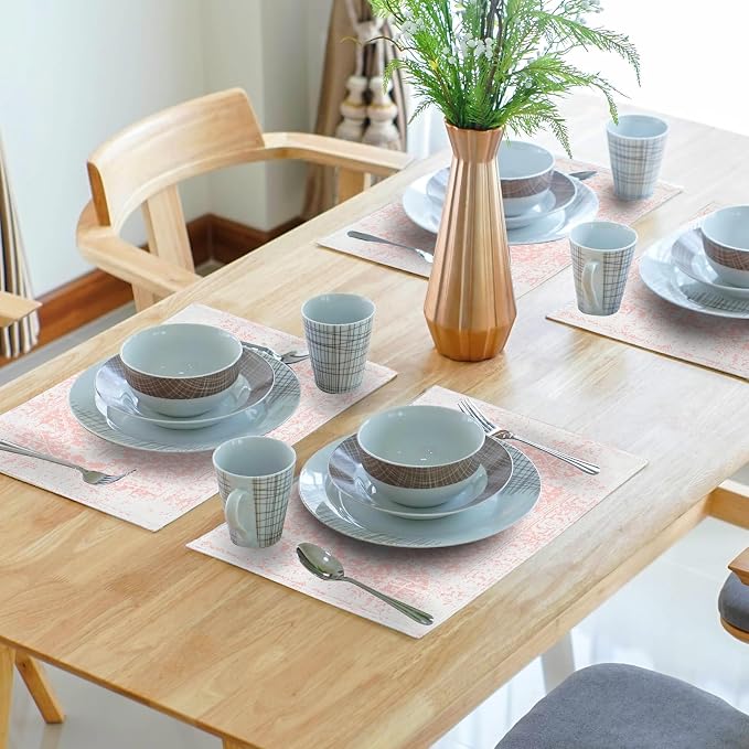 Gray Pink Boho Placemats Set of 4 Ethnic Bohemian Carpet Place Mats Washable Kitchen Dining Vintage Grey Geography Floral Linen Table Mats Stain Heat-Resistant for Home Party Indoor 12x18 in