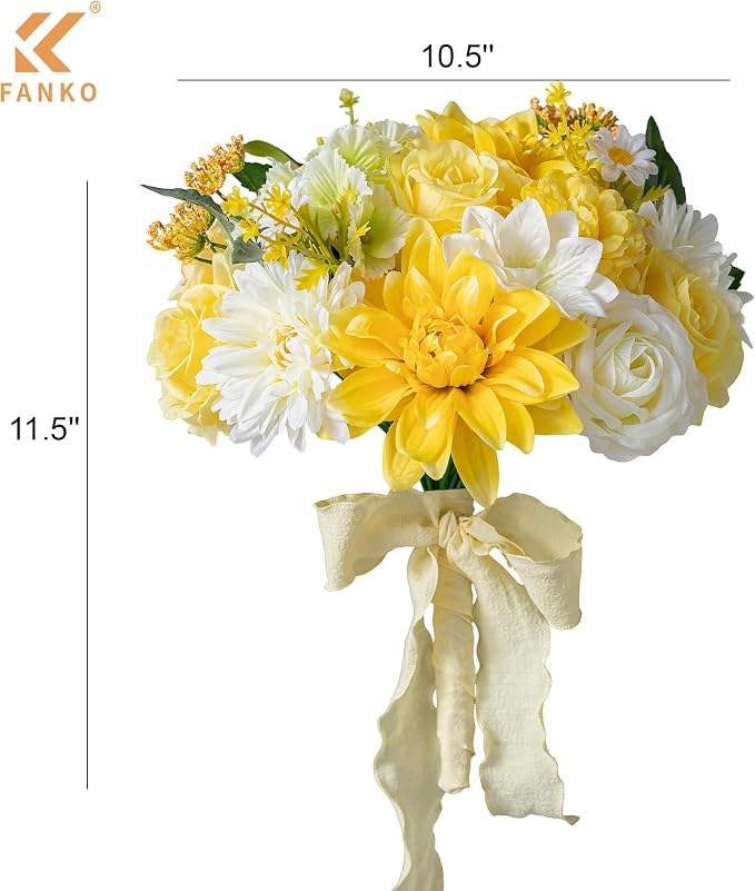 FANKO Artificial Flowers for DIY, Yellow Faux Flowers Bouquet, Fake Rose Dahlia Daisy Cosmos Silk Flowers for Vase, Home Decor, Garlands, Garden Wedding, Party, Birthdays