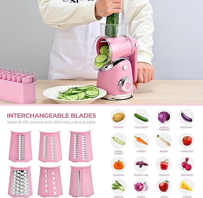 SUSTEAS Rotary Cheese Grater with Handle,Vegetable Slicer with 6 Interchangeable Blades, Reinforced Suction,Easy to Clean,Kitchen Shredder for Crushed Ice,Fruits and Nuts with Blade Storage Case,Pink