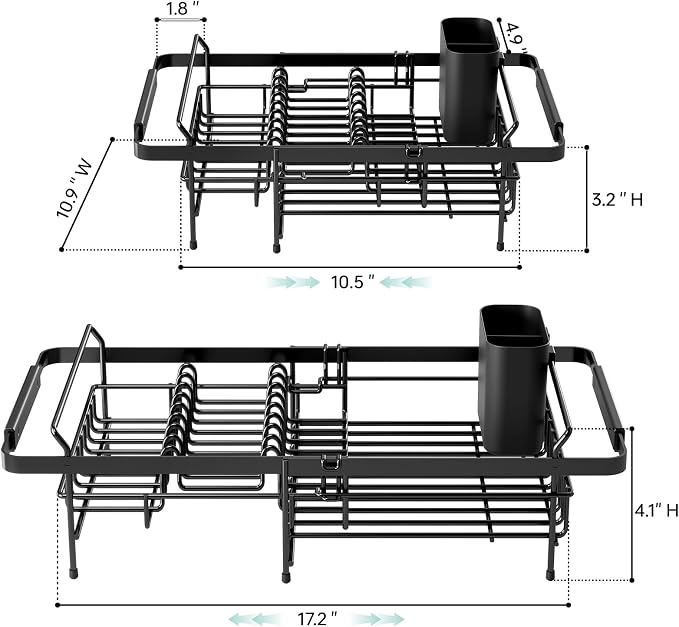Urackify Dish Drying Rack in Sink - Stainless Steel Expandable (14.5''-18''L) Over The Sink Dish Rack with Utensil Holder, Space-Saving Dish Drainer for Kitchen Counter, 1 Piece, Matte Black
