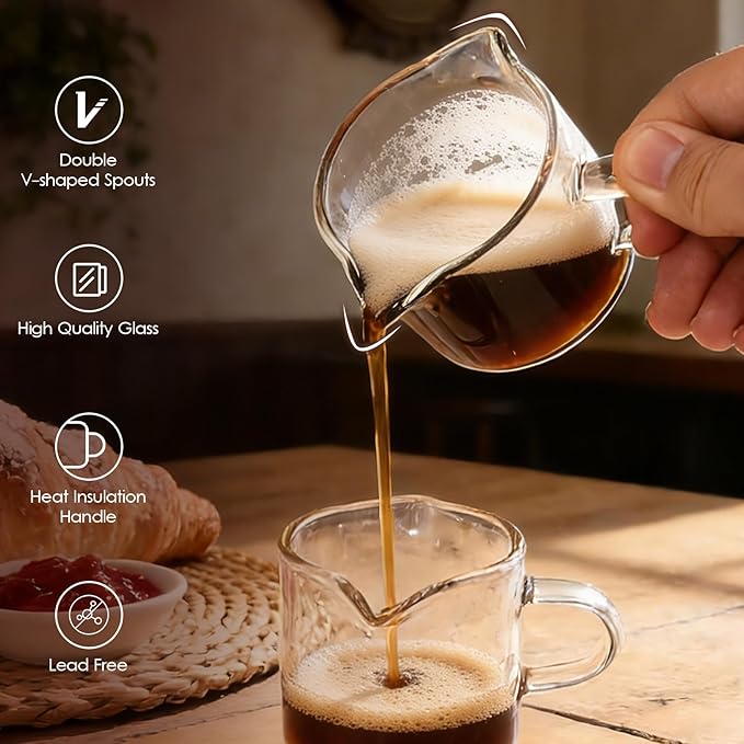Adorever Espresso Cups Set of 2, 4oz Double Spout Shot Glasses with Handle - Clear Glass Milk Cup for Espresso, Latte Art & Cappuccino - Barista Tools & Home Coffee Machine