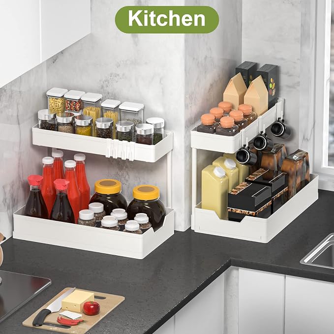 Under Sink Organizers and Storage, L-Shape Kitchen Bathroom Organization, 2-Tier Sliding Storage Under Bathroom Kitchen Sink Cabinet Organizer Shelf Pull Out 2 Pack (White)