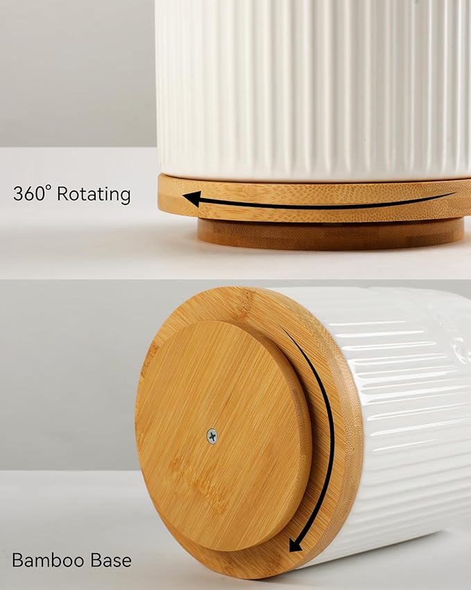 360° Rotating Utensil Holder, 7.6" Large Ceramic Kitchen Utensil Holder for Countertop with Rotatable Bamboo Base, Stable Cooking Utensil Crock, Farmhouse kitchen Decor, White