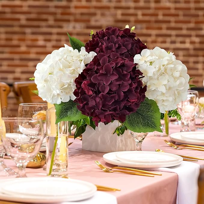 JINWOE 5Pcs Burgundy Silk Hydrangea Artificial Flowers, 20Inch Large Lifelike Flowers,Halloween Christmas Artificial Hydrangeas for Indoor Bouquet Table Centerpieces Floral Arrangements Home Wedding