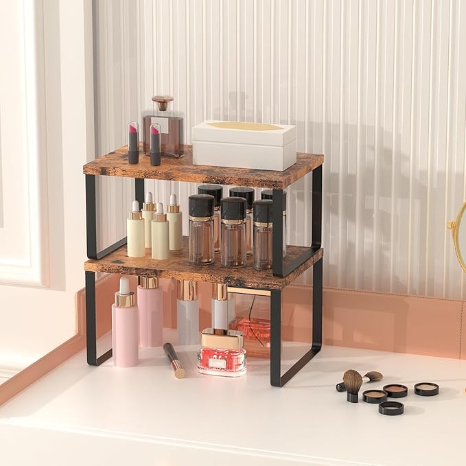Set of 4 Counter Shelves Kitchen Stackable Cabinet Shelf Wood Organizer Expandable Counter Top Racks Brown Bathroom Counter organizer