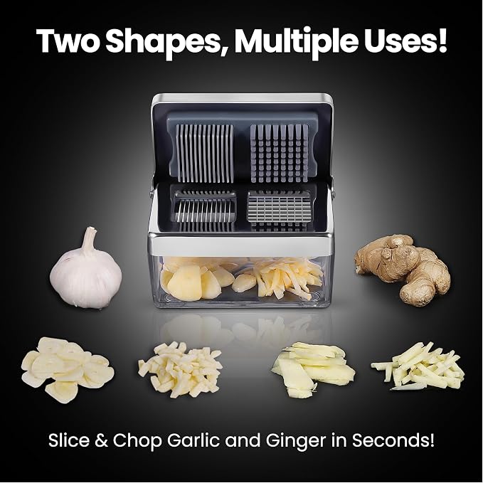 Garlic Chopper, 2-in-1 Slice + Dice, Garlic Press Stainless Steel, Fridge Friendly, Ginger Dicer Air Tight Container, Dishwasher Safe Mini Chopper, Premium Mincer with 5-Year warranty