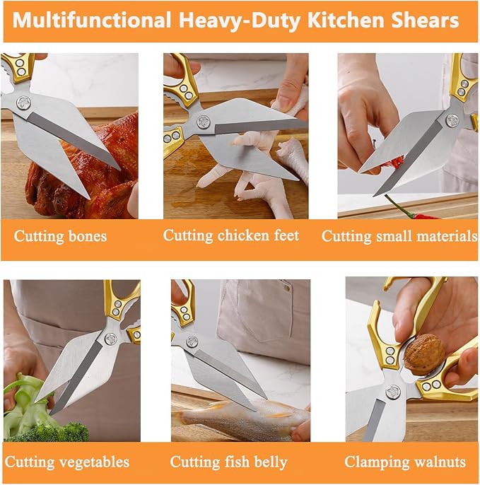 Multifunctional Heavy-Duty Kitchen Shears, New 2 in 1 Stainless Poultry Kitchen Scissors, Japanese High-Carbon Steel Culinary Shears for Chicken, Meat, Seafood, Bone Cutting, Walnuts(Silver) (Silver)