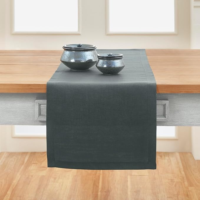 Solino Home Linen Table Runner 120 Inches Long - 100% Pure Linen Dark Grey Dining Table Runner 14 x 120 Inch - Fete
