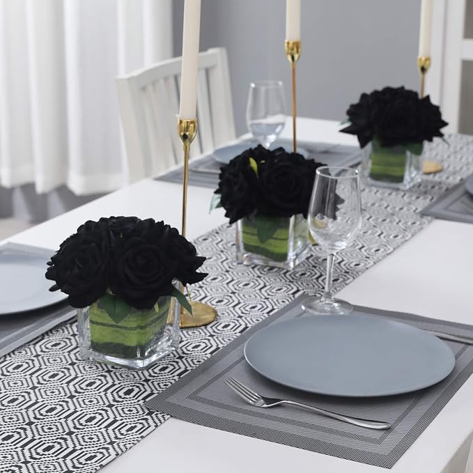 Fule Artificial Velvet Rose Flower Centerpiece Arrangement in vase for Home Wedding Decoration (Black)