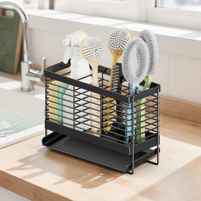 Utensil Holder, Upgrade Stainless Steel Utensil Drying Rack with Automatic Drain Tray for Kitchen Counter, Silverware Cutlery Organizer for Spoons, Forks, Knifes, Chopsticks (Black)