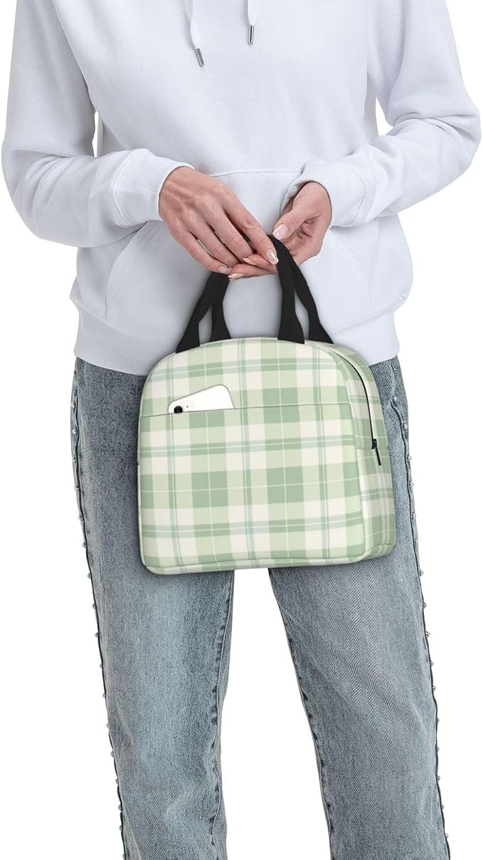 Lunch Bag Pastel Green Plaid Insulated Lunch Box Reusable Cooler Tote for Adults Student Girl Boy Work Office School Picnic Over 3 Years Old
