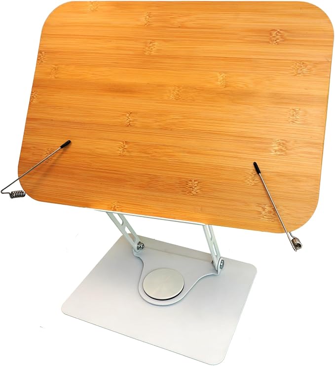 360° Rotating Bases Book Stand Large 15.4" x 11.0" Bamboo Adjustable Heavy Book Holder for Thick Textbooks,Cookbook Holders Stands for Kitchen Counter,Cookbook Stand, Desktop Bookstand for Law School