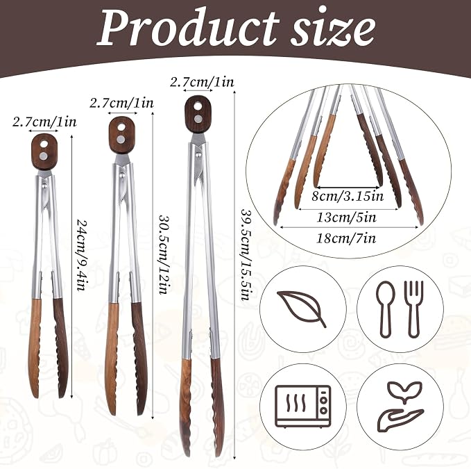 3 Pcs Wooden Tongs for Cooking, 7/9/ 12 Inch Walnut Wood kitchen Tongs Durable Salad Tong with Stainless Steel Handle for Kitchen, Serving Food, BBQ, Buffet - Pull Lock